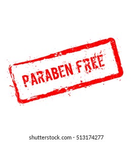 Paraben free red rubber stamp isolated on white background. Grunge rectangular seal with text, ink texture and splatter and blots, vector illustration.