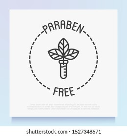 Paraben free sign. Thin line icon with leaf in test tube. Symbol for beauty product. Modern vector illustration.