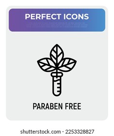 Paraben free sign. Thin line icon with leaf in test tube. Symbol for beauty product. Modern vector illustration.