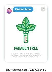 Paraben free sign. Thin line icon with leaf in test tube. Symbol for beauty product. Modern vector illustration.