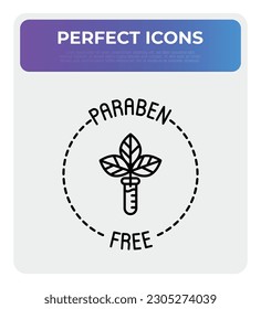 Paraben free sign. Thin line icon with leaf in test tube. Symbol for beauty product. Modern vector illustration.