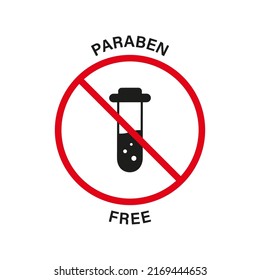 Paraben Free Silhouette Black Icon. Chemical Preservative Red Stop Sign. Forbidden Paraben in Food Symbol. Safety Eco Organic Cosmetic Bio Product Logo. No Plastic Label. Isolated Vector Illustration.