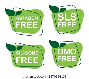 Paraben Free, SLS Free, Silicone Free and GMO Free - icons set for labeling