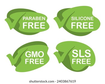 Paraben Free, SLS Free, Silicone Free and GMO Free - icons set for labeling in organic style