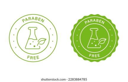 Paraben Free Stamp Set. Plastic Free Eco Organic Cosmetics Green Label. Paraben-Free Stickers. Free Of Chemical Preservatives, Safe Sign For Natural Products. Isolated Vector Illustration.