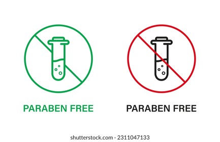 Paraben Free with Test Tube Line Icon Set. Forbidden Paraben in Food Symbol. Safety Eco Organic Cosmetic Bio Product. Chemical Preservative Stop Sign. No Plastic. Vector Illustration.