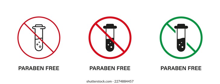 Paraben Free with Test Tube Silhouette and Line Icon Set. Forbidden Paraben in Food Symbol. Safety Eco Organic Cosmetic Bio Product. Chemical Preservative Stop Sign. No Plastic. Vector Illustration.