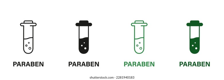 Paraben Free with Test Tube Silhouette and Line Icon Set. Forbidden Paraben in Food Symbol. Safety Eco Organic Cosmetic Bio Product. Chemical Preservative Stop Sign. No Plastic. Vector Illustration.