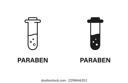 Paraben Free with Test Tube Silhouette and Line Icon Set. Paraben in Food Black Symbol. Safety Eco Organic Cosmetic Bio Product. Chemical Preservative Stop Sign. No Plastic. Vector Illustration.