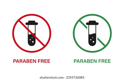 Paraben Free with Test Tube Silhouette Icon Set. Forbidden Paraben in Food Symbol. Safety Eco Organic Cosmetic Bio Product. Chemical Preservative Stop Sign. No Plastic. Vector Illustration.