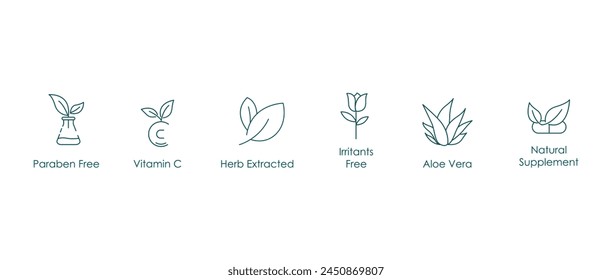 Paraben Free, Vitamin C, Herb Extracted, Irritants Free, Aloe Vera, Natural Supplement Vector Icons Set