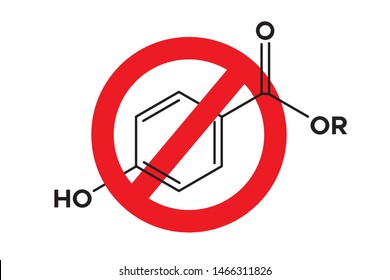 Paraben molecule in Stop sign. Vector skeletal chemical formula. Organic ingredient label, cosmetic bio sticker, eco herbal emblem. Health safe product with no paraben.