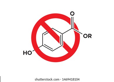 Paraben molecule in Stop sign. Vector skeletal chemical formula. Organic ingredient label, cosmetic bio sticker, eco herbal emblem. Health safe product with no paraben.