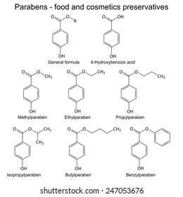 Parabens - food, cosmetic and pharmaceutical preservatives, 2d skeletal illustration, isolated, vector, eps 8