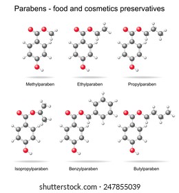 Parabens - Food, Cosmetic And Pharmaceutical Preservatives, 3d Models, Ball And Stick Style, Isolated, Vector, Eps 8