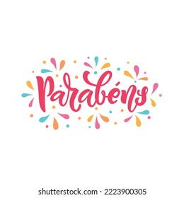 Parabens handwritten text in Portuguese meaning Congratulations. Modern brush ink calligraphy. hand lettering typography. Vector colorful illustration for poster, banner, greeting card, print