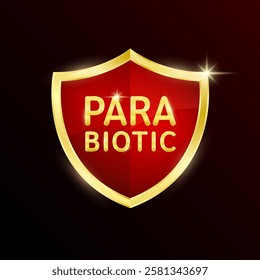 Parabiotic bacteria in red shield on dark background. Gold shine frame for product label packaging badge logo. Good bacterial flora for stomach bowel intestine. 3D Vector.