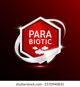 Parabiotic bacteria. Red shine hexagon rounded modern packaging badge logo silver arrow surround on dark background. Good bacterial flora for stomach and intestine. For design product label. Vector.