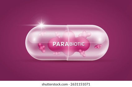 Vermelho parabiótico na cápsula translúcida. Boa flora bacteriana para o estômago e intestino. Biologia lactobacillus Apoio à imunidade dos cuidados de saúde. Nutrição saudável. Vetor.