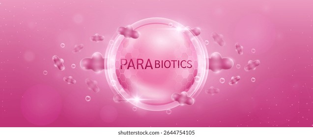 Parabiotics in transparent hexagonal dome with surrounding parabiotic bacteria red. Good bacterial flora for intestine and stomach digestive system. Supplements healthy. Banner vector.