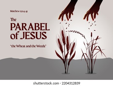 The parable of Jesus. The Wheat and The Weeds. Biblical illustration svg