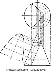 Parabola as a conic section and the plane cut cone parallel to one element, vintage line drawing or engraving illustration.