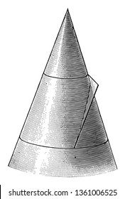 A parabola is a conical section formed by a disk. The plane is like the same diagonally in the cone, vintage line drawing or engraving illustration.