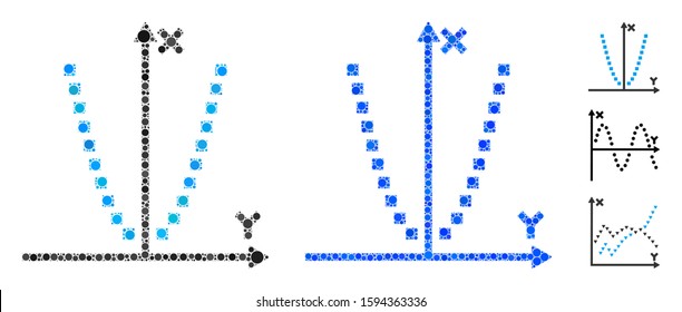 Parabole plot mosaic of filled circles in various sizes and color tones, based on parabole plot icon. Vector random circles are united into blue illustration.