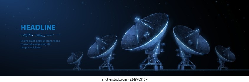 Antena parabólica. Antena satelital 3d abstracta. Telecomunicaciones por radio, telescopio astronómico, radar militar, observatorio de investigación del universo, transmisión de datos, concepto de receptor de señales por satélite