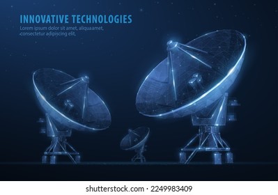 Parabolic antenna. Abstract 3d satellite antenna. Radio telecommunication, astronomical telescope, military radar, universe research observatory, data transmit, satellite signal receiver concept