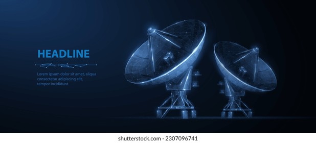 Parabolic antenna. Abstract 3d satellite antenna. Radio telecommunication, astronomical telescope, military radar, universe research observatory, data transmit, satellite signal receiver concept