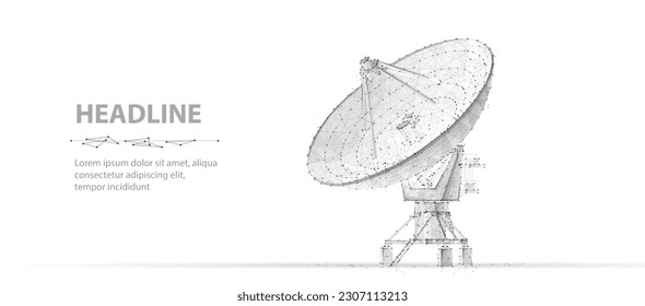 Parabolic antenna. Abstract 3d satellite antenna. Radio telecommunication, astronomical telescope, military radar, universe research observatory, data transmit, satellite signal receiver concept