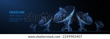 Parabolic antenna. Abstract 3d satellite antenna. Radio telecommunication, astronomical telescope, military radar, universe research observatory, data transmit, satellite signal receiver concept