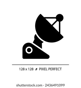 Parabolic dish pixel perfect black glyph icon. Radio telescope. Microwave antenna. Communication technology. Silhouette symbol on white space. Solid pictogram. Vector isolated illustration