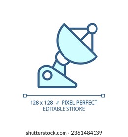Parabolic dish pixel perfect light blue icon. Radio telescope. Microwave antenna. Communication technology. RGB color sign. Simple design. Web symbol. Contour line. Flat illustration. Isolated object