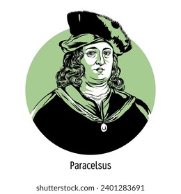 Paracelsus - Swiss alchemist, physician, philosopher, naturalist, natural philosopher, one of the founders of iatrochemistry. Hand drawn vector illustration