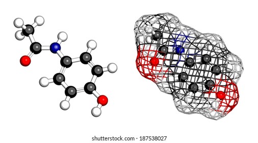 Paracetamol (acetaminophen) analgesic drug molecule. Used to reduce fever and relieve pain. Cartoon style ball-and-stick and ball, stick and mesh surface model.