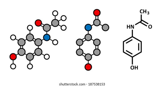 Paracetamol (acetaminophen) analgesic drug molecule. Used to reduce fever and relieve pain. Stylized 2D renderings and conventional skeletal formula.