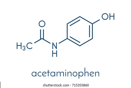 Paracetamol (acetaminophen) analgesic drug molecule. Used to reduce fever and relieve pain. Skeletal formula.