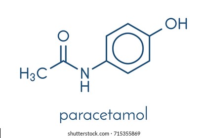 Paracetamol (acetaminophen) analgesic drug molecule. Used to reduce fever and relieve pain. Skeletal formula.