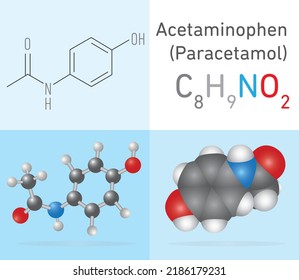 Paracetamol (Acetaminophen) C8H9NO2 molecule. Two different molecule model and chemical formula. Ball, stick and Space filling model. Structural Chemical Formula and Molecule Model. Chemistry Educatio