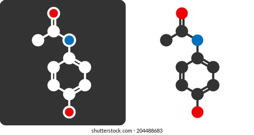 Paracetamol (acetaminophen) drug molecule, flat icon style. Oxygen, nitrogen and carbon atoms shown as circles, hydrogen atoms omitted. Atoms shown as color-coded circles.	