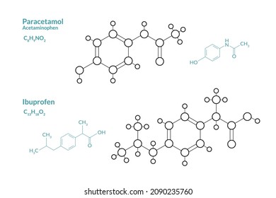 Paracetamol, Acetaminophen. Ibuprofen. The Structural Formula of a Chemical Compound. Line Graphic Representation of the Molecular Structure. C13H18O2, C8H9NO2. Vector Illustration 
