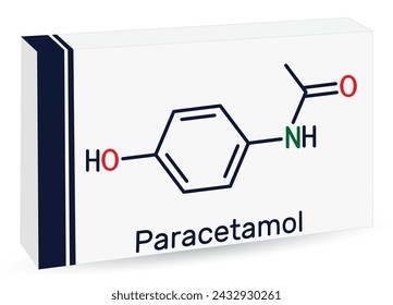 Paracetamol, acetaminophen molecule. It is is a non-opioid analgesic and antipyretic agent. Skeletal chemical formula. Paper packaging for drugs. Vector illustration