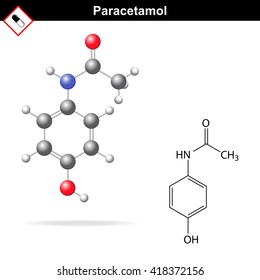 Paracetamol - molecular chemical formula and model, 3d & 2d illustration on white background, balls & sticks,  style, vector, eps 8