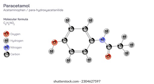 Paracetamol-Molekülstrukturformel. Acetaminophen strukturelle molekulare Formel Vectordesign. Leicht druckbares Produkt. Laboruntersuchungen. Arzneimittel und Zusammensetzung. 