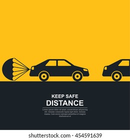 Parachute attached to the car, symbolizing about increase in distance between vehicles. The concept of safety and fail-safety on roads, observance of the traffic regulation, an instruction to drivers.