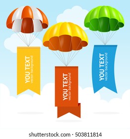 Parachute Banners in the Sky with Empty Color Ribbons for Your Text. Vector illustration of flags for poster, flyer, placard