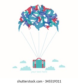 Parachute with birds and suitcase.