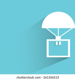 parachute with box, drop shipping on blue background, flat and shadow theme